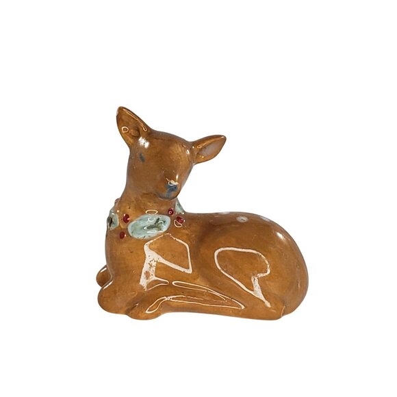 Other - Miniature Deer Fawn Christmas Figurine Lying Down Holiday Holly Sleeping *Chip*